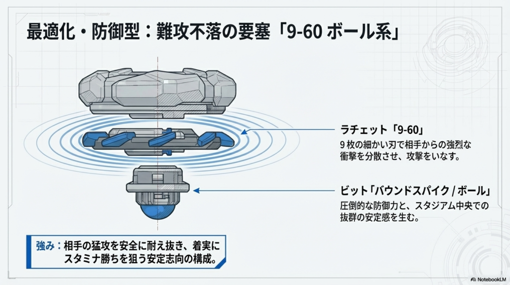防御特化カスタム 9-60ボール系 相手の激しい攻撃を安全に耐え抜き、最後まで回り続けて勝つことを狙う、防御に特化したパーツ構成です。