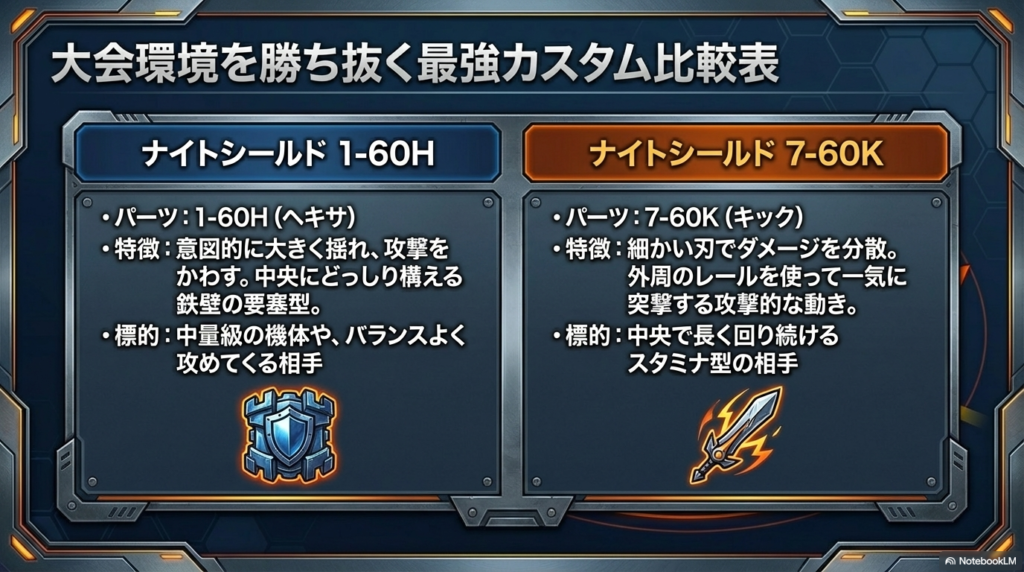 大会環境を勝ち抜くための最強カスタム比較 要塞型の「1-60H」と、攻撃的な動きで突撃する「7-60K」の2種類のカスタムについて、パーツ構成と特徴をまとめた比較表です。