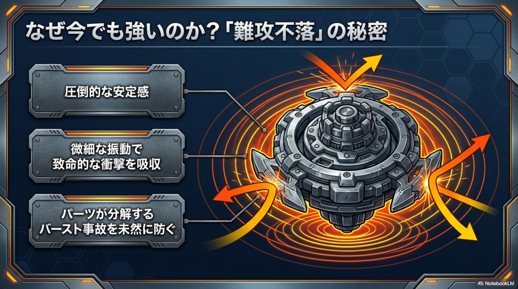 ナイトシールドが持つ「難攻不落」の秘密 ナイトシールドが高い安定感を保ち、微細な振動で衝撃を吸収しながらバースト事故を防ぐ仕組みを図解したスライドです。