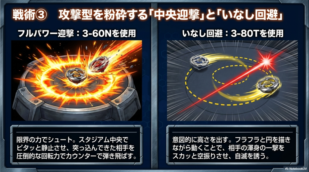 攻撃型を粉砕する「中央迎撃」と「いなし回避」 中央でどっしり構えてカウンターを狙う「中央迎撃」と、高さを出して相手の攻撃を空振りさせる「いなし回避」という、相手に合わせた2つの防御戦術を紹介しています。