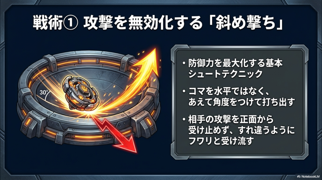 防御力を高めるテクニック「斜め撃ち」 コマに角度をつけて打ち出すことで、相手の攻撃を正面から受けずにフワリと受け流す「斜め撃ち」のシュートテクニックを説明する図解です。