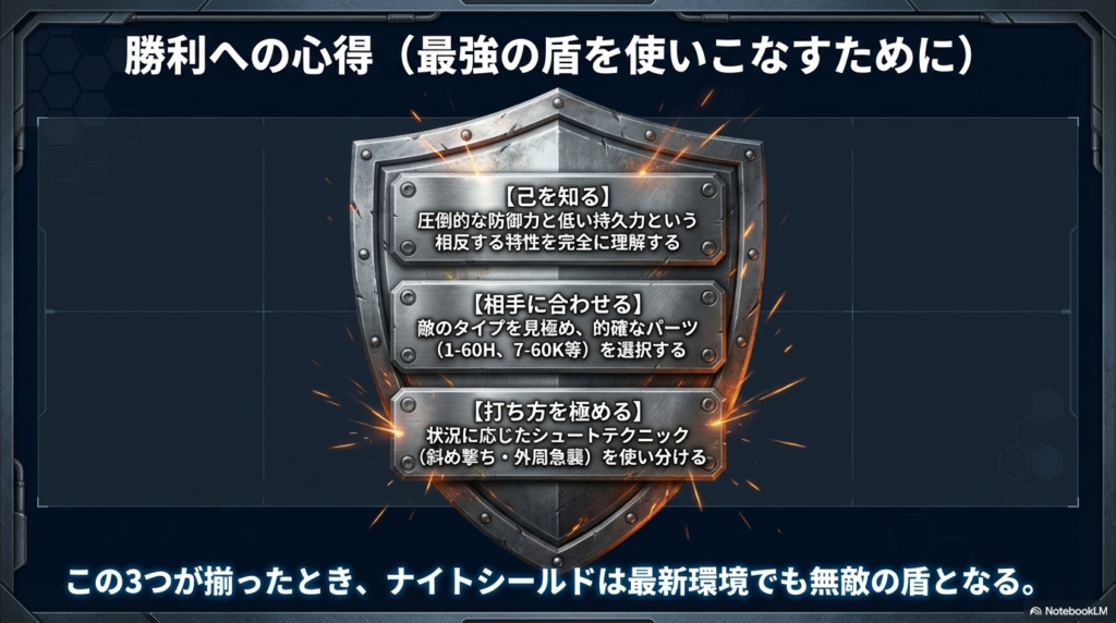 ナイトシールドを使いこなすための勝利への心得 自分の機体の特性を知り、相手に合わせてパーツを選び、打ち方を極めるという、最強の盾を使いこなすための3つの重要なポイントをまとめています。