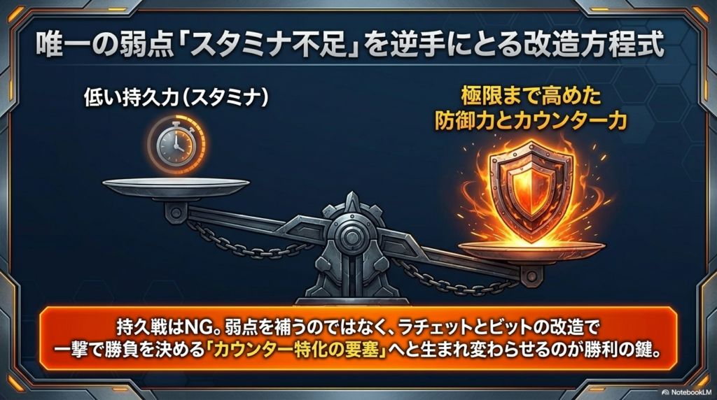 ナイトシールドの弱点と改造の方程式 持久力の低さという弱点を補うのではなく、防御力とカウンター力を高めることで「カウンター特化の要塞」にする改造戦略を示しています。