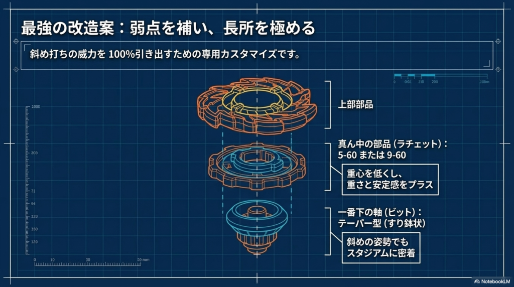 斜め打ちの威力を最大限に高めるための部品構成です。重心を低くし安定感を高める「5-60」または「9-60」のラチェットと、傾いた姿勢でもスタジアムに密着する「テーパー型」のビットを組み合わせた構成図です。