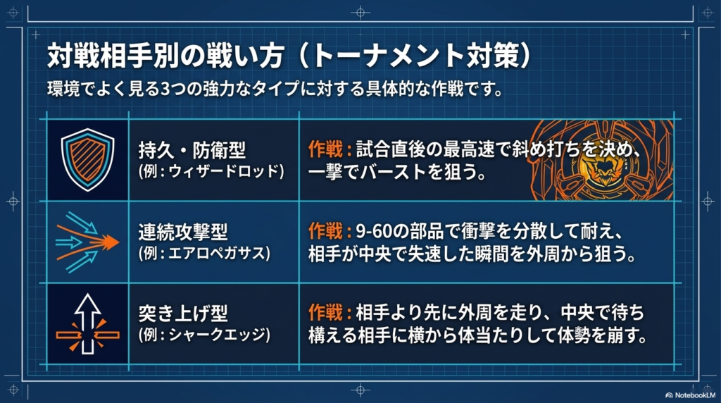 大会でよく遭遇する3つのタイプへの対策表です。「持久・防衛型」には一撃バースト狙い、「連続攻撃型」には衝撃分散での耐久、「突き上げ型」には先手での体当たりなど、タイプごとの具体的な勝ち方をまとめています。