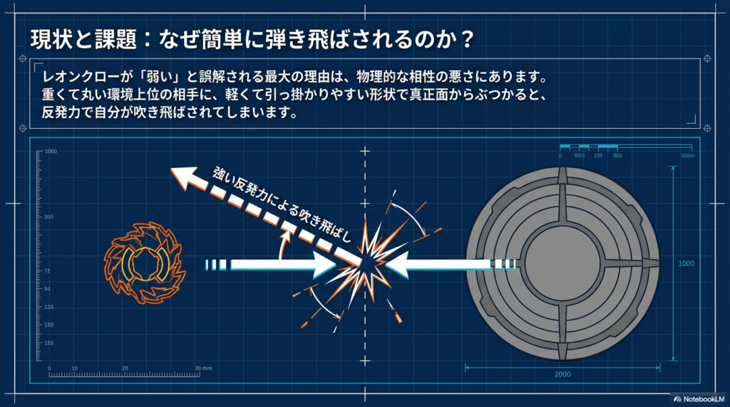 レオンクローが苦戦しやすい理由を物理的に説明した図です。軽くて引っかかりやすい爪を持つレオンクローが、重くて丸い相手に正面からぶつかった際、強い反発力で自分の方が外へ飛ばされてしまう仕組みを表しています。 
