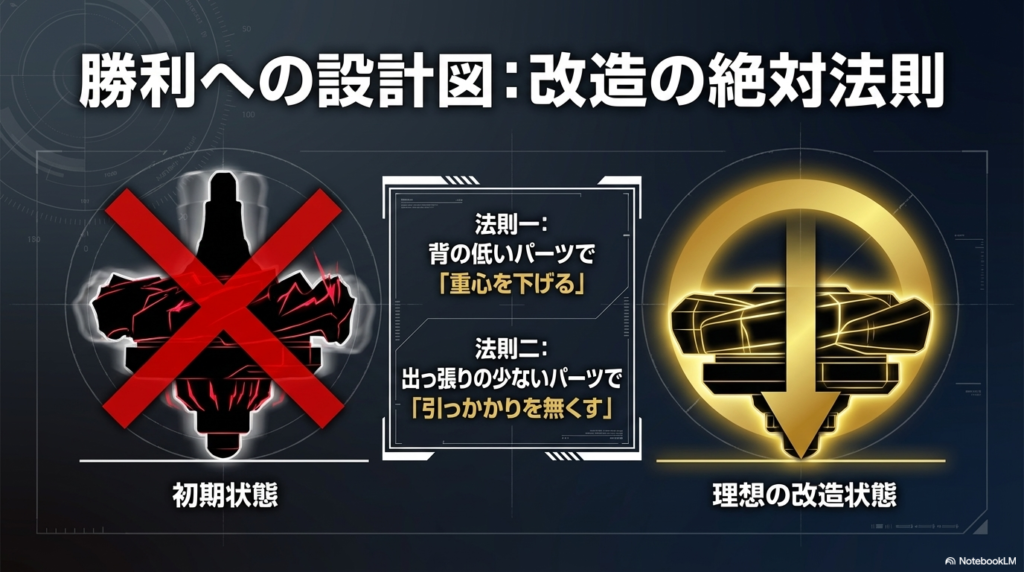 背の低いパーツを使って重心を下げることと、出っ張りの少ないパーツを選んで引っかかりを無くすという、改造の基本ルールを示しています。