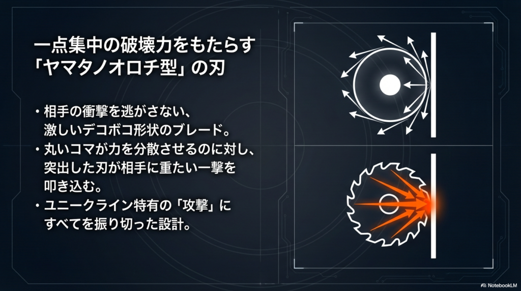丸いコマが力を分散させるのに対し、ヤマタノオロチをイメージしたデコボコな刃が相手に一点集中の重たい衝撃を与える仕組みを示した図解です。