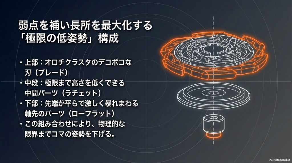 低いラチェットと平らな軸先のローフラットビットを使い、コマ全体の重心を限界まで下げる最強カスタムのパーツ構成案です。