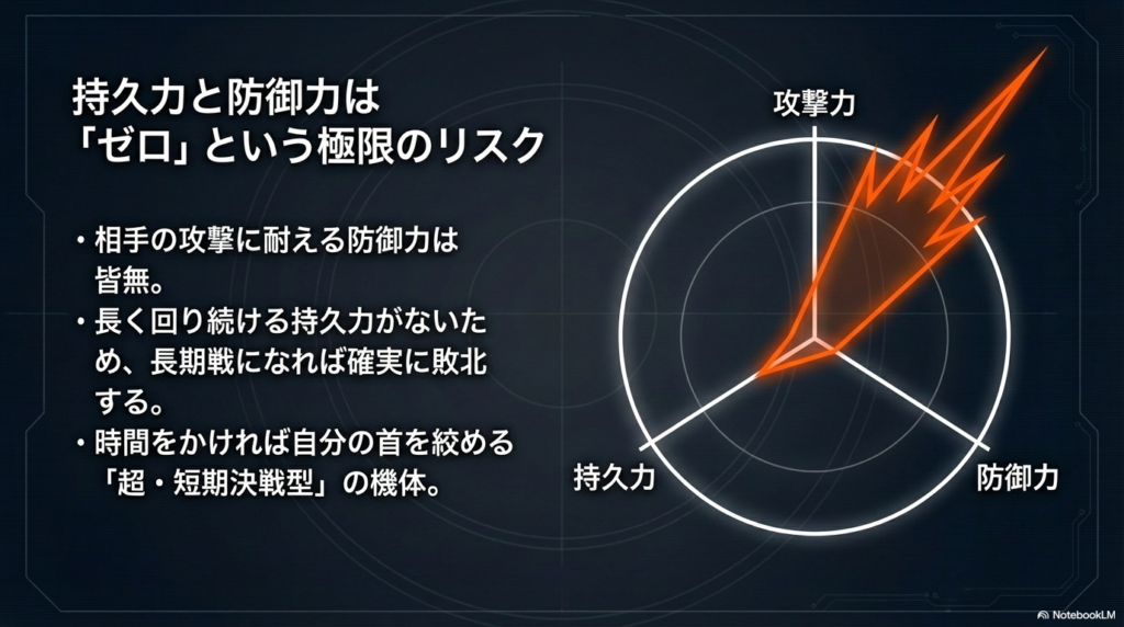 攻撃力に特化した一方で、持久力と防御力がほぼゼロに近いという、オロチクラスタの極端で尖った性能バランスを表したグラフです。