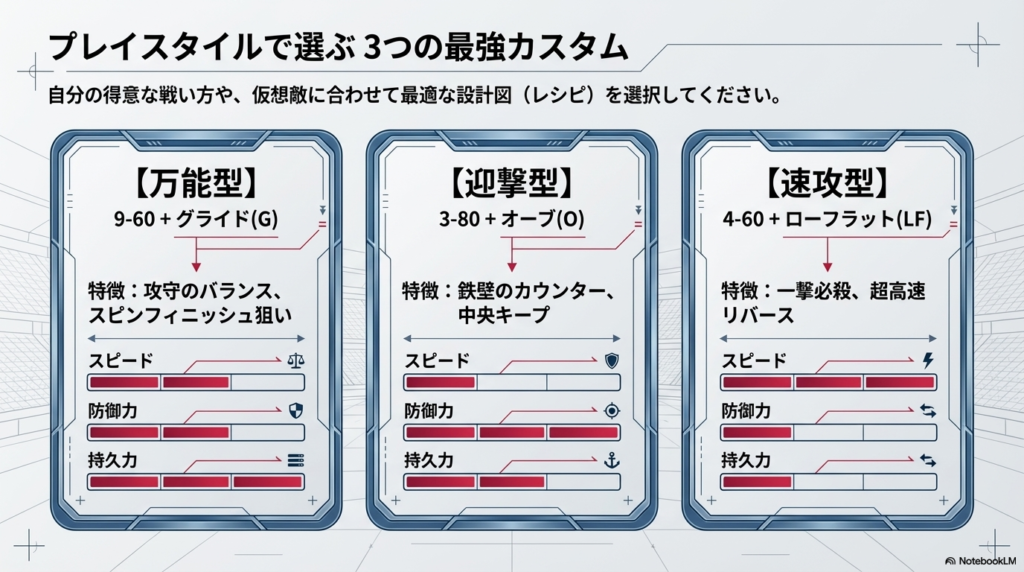 万能型、迎撃型、速攻型の3つのプレイスタイルに合わせた、フェニックスフェザーのおすすめパーツ構成を一覧で紹介しています。