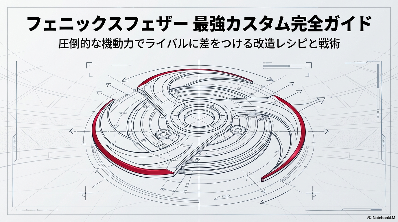 赤い不死鳥をモチーフにしたベイブレード「フェニックスフェザー」の設計図と、最強カスタム完全ガイドのタイトルが描かれた表紙画像です。
