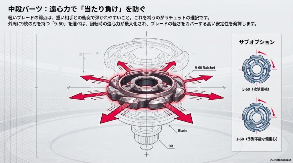 9枚の刃を持つラチェット「9-60」が回転時の遠心力を高め、軽量なブレードの弱点である衝突時の安定性を補う仕組みを解説しています。 