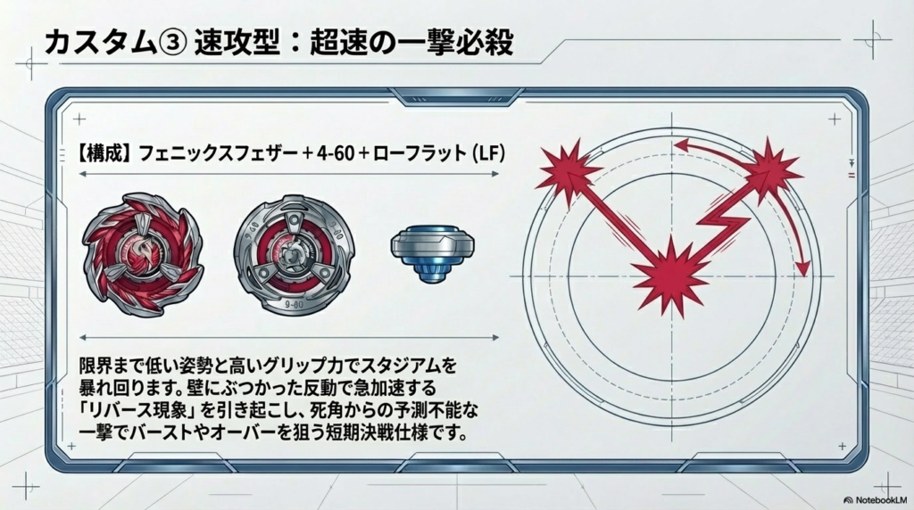 4-60ラチェットとローフラットビットを組み合わせ、壁の反動で急加速するリバース現象を利用して短期決戦を狙う速攻型カスタムの紹介です。