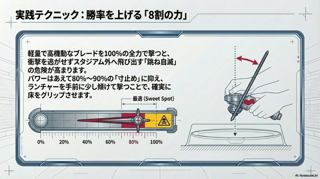 全力の100%ではなく、あえて80%から90%の力で撃つことで自滅を防ぎ、確実に床をグリップさせるシュートのコツをグラフで示しています。