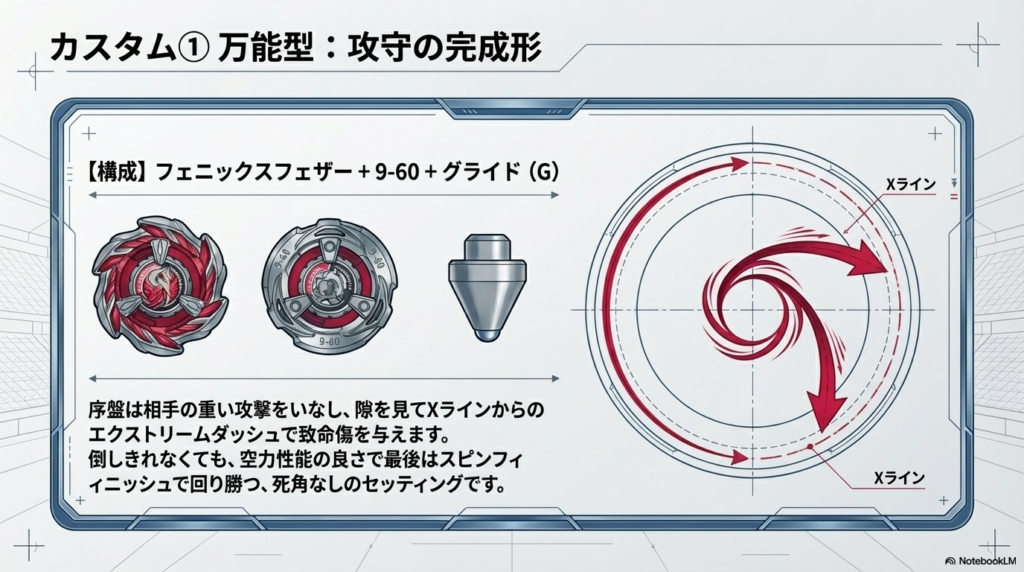 フェニックスフェザーに9-60ラチェットとグライドビットを組み合わせた、スピンフィニッシュも狙える隙のない万能型カスタムの構成図です。 