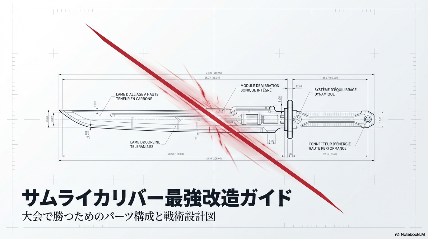 サムライカリバーを大会で勝てる構成にするための、パーツの組み合わせと戦い方のコツをまとめたガイド表紙です。