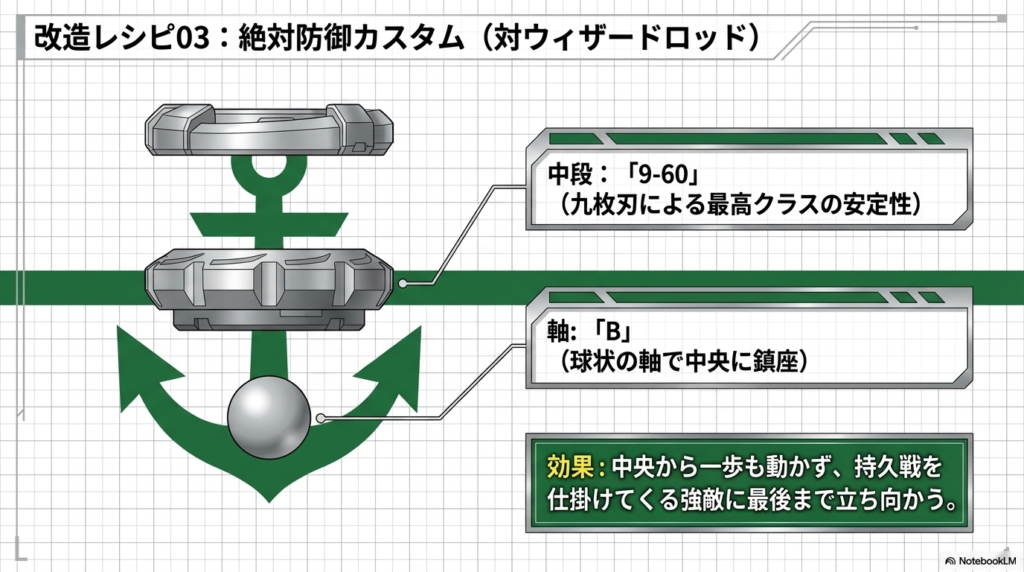 持久戦に負けない絶対防御カスタム 長く回り続ける強敵に勝つための絶対防御の改造レシピ。真ん中から一歩も動かずにどっしりと構え、最後まで粘り強く戦い抜く形を紹介しています。