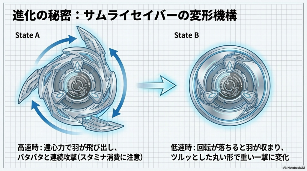 サムライセイバーの変形する仕組み 新しい機体に隠された変形する羽の仕組みを図解。勢いよく回っている時は連続で攻撃し、回転が落ちてくると重い一撃に切り替わる様子を説明しています。