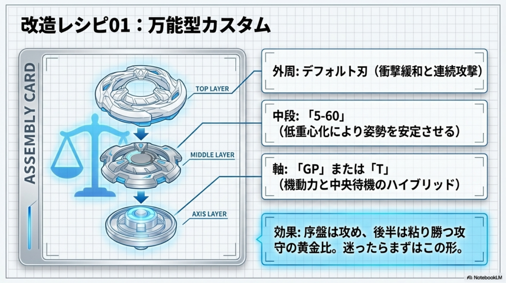 サムライスチールのおすすめ万能型カスタム 攻めと守りのバランスがとれた万能型の改造レシピ。コマの高さを低くして安定させ、動きのいい軸を組み合わせたおすすめの形を紹介しています。