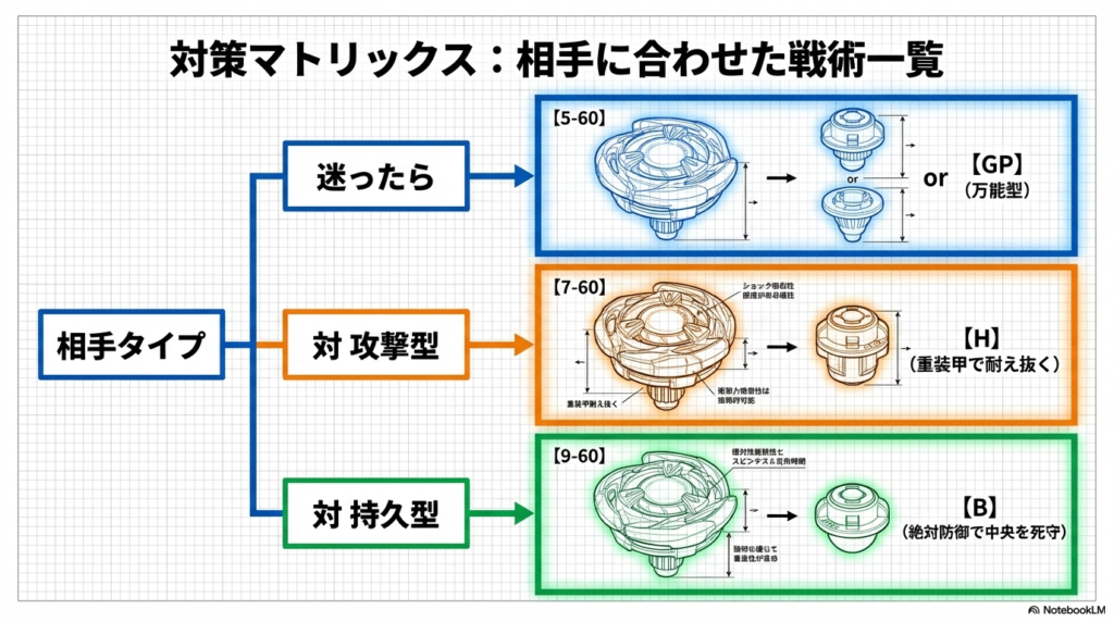 相手に合わせたおすすめ改造一覧表 どんな相手にどの部品を組み合わせればいいかが一目でわかる対策のまとめ表。迷った時、攻撃型と戦う時、長く回る相手と戦う時の3つのパターンをまとめています。