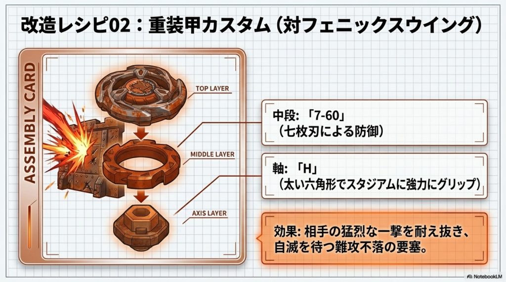 強い攻撃に対抗する重装甲カスタム 激しい攻撃を仕掛けてくる相手から身を守るための、重装甲な改造レシピ。太くて重い軸でスタジアムの床にしっかり踏ん張る、要塞のような形です。