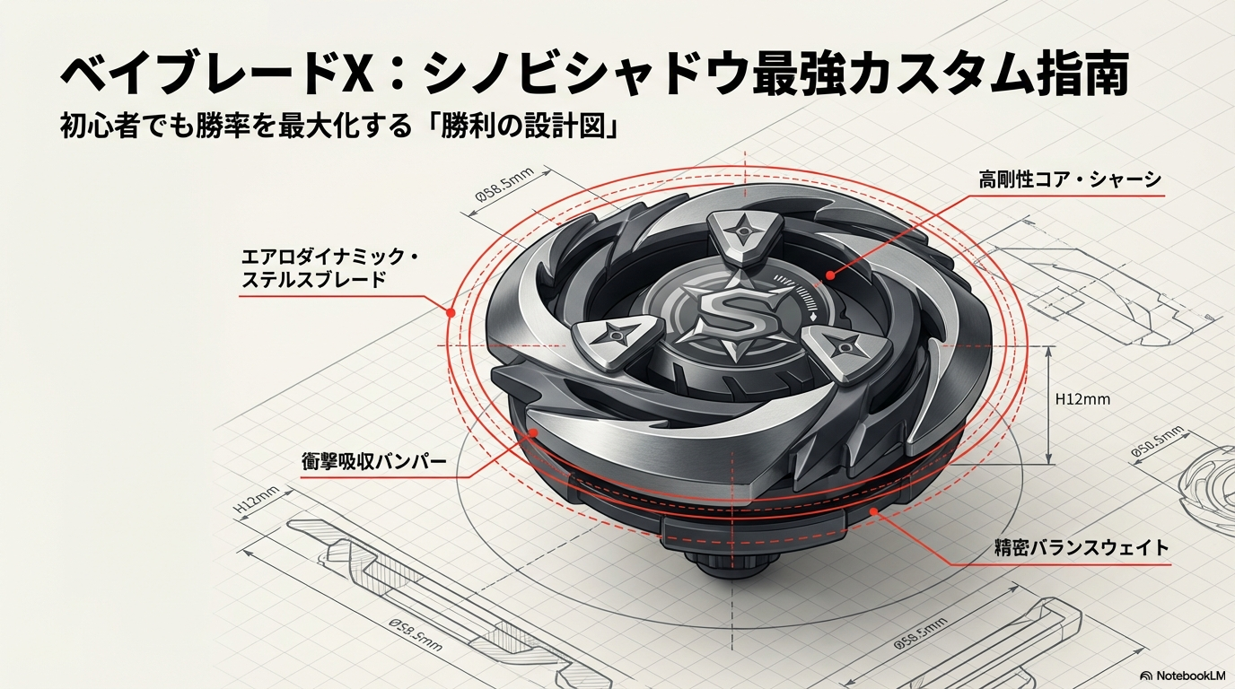 シノビシャドウのブレードや衝撃を吸収するバンパーなど、コマを構成する各パーツの寸法と基本構造を示した図解