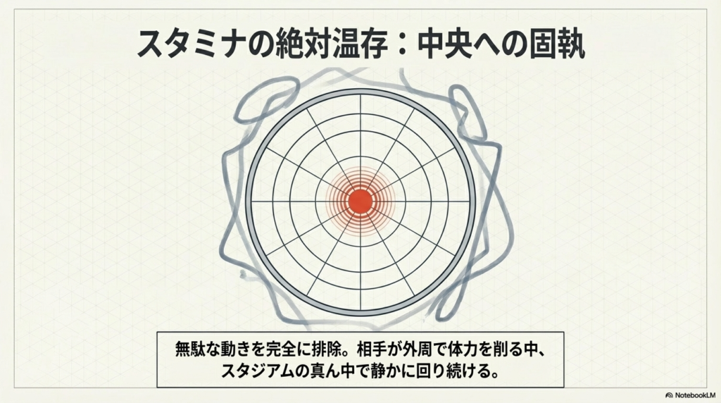 スタジアム中央でのスタミナ温存戦略 無駄な動きをなくし、スタジアムの中央で静かに回り続けて体力を節約する理想的な軌道を示した図