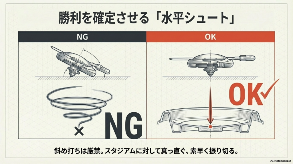 勝利を確定させる水平シュートのやり方 スタジアムに対して斜めに打つ失敗例と、真っ直ぐ水平に素早く振り切る正しいシュートの打ち方を比較した図