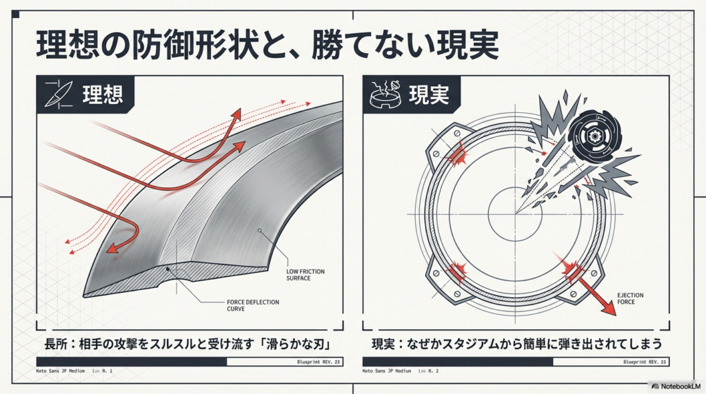 シノビシャドウの理想の防御と現実の課題 相手の攻撃を滑らかに受け流す理想の動きと、パワー負けしてスタジアムから弾き出されてしまう現実のギャップを解説した図