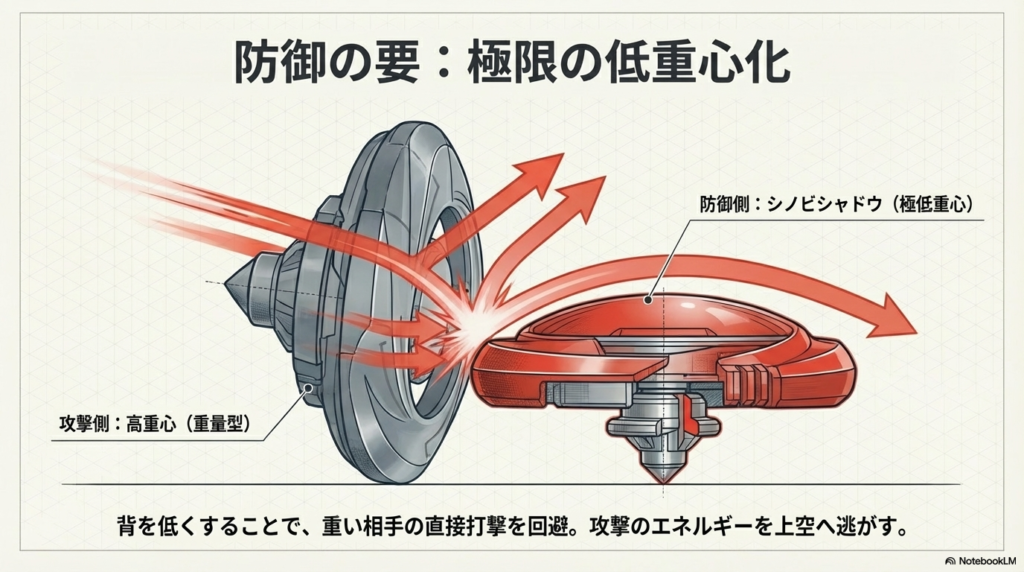 極限の低重心化による防御メカニズム コマの背を低くすることで、相手の重くて強い攻撃を直接受けずに上へ逃がす防御の仕組みを図解した様子
