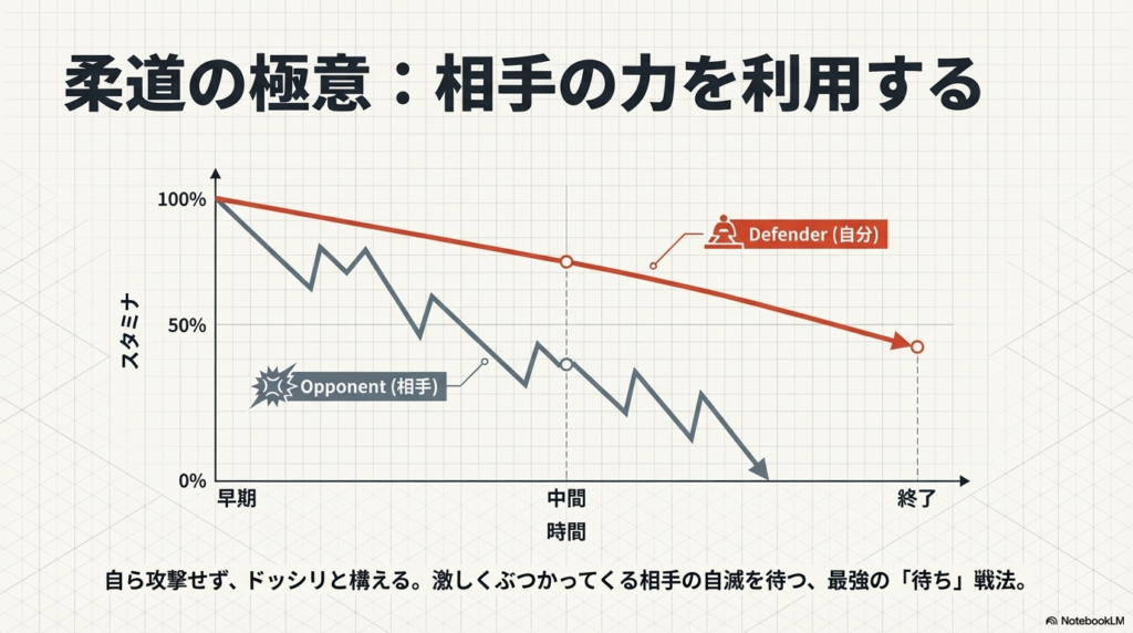 相手の自滅を待つスタミナ消費グラフ 自分からは攻撃せずに体力を温存し、激しくぶつかってくる相手の体力が先に尽きるのを待つ戦法を解説したグラフ