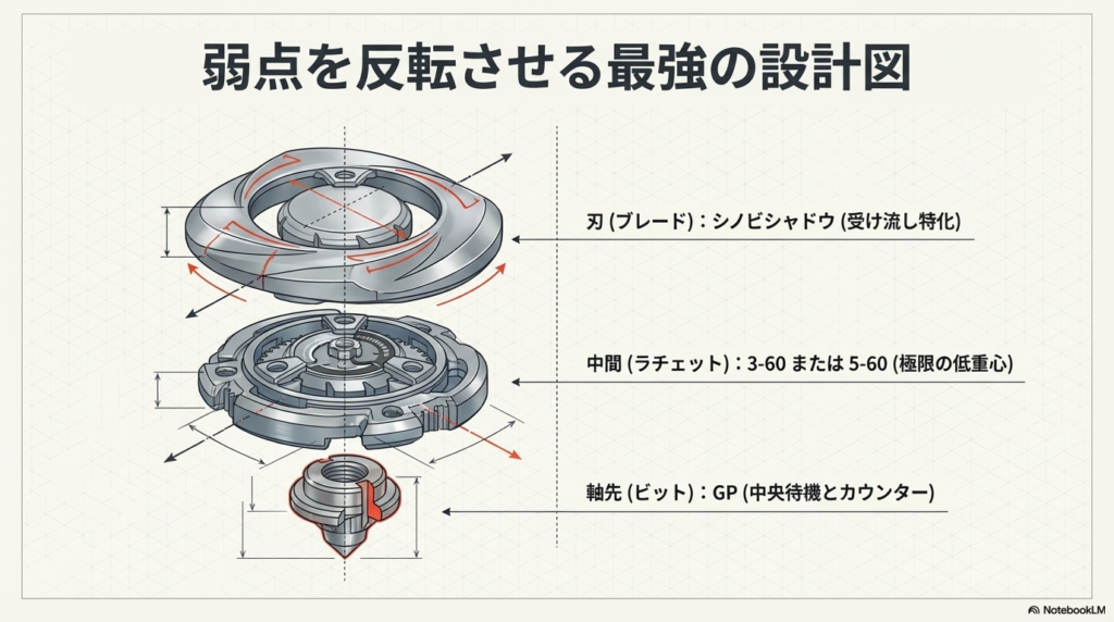 弱点を克服する最強カスタムのパーツ構成 シノビシャドウの刃に、重心を低くする60系のパーツと、スタジアムの中央にとどまりやすいGPの軸先を組み合わせた最強設計図