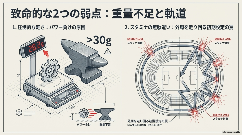 シノビシャドウの致命的な2つの弱点 30グラムを超える相手に対して軽さで負けてしまう様子と、スタジアムの外周を走り回って無駄にスタミナを消費してしまう弱点を表した図