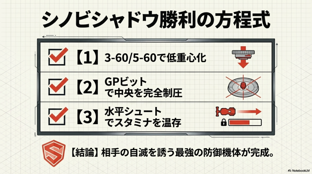 シノビシャドウ勝利の方程式まとめ 低重心化、GPパーツによる中央の陣取り、水平シュートの3つの要素を合わせることで、相手の自滅を誘う最強の守りコマが完成するというまとめ図
