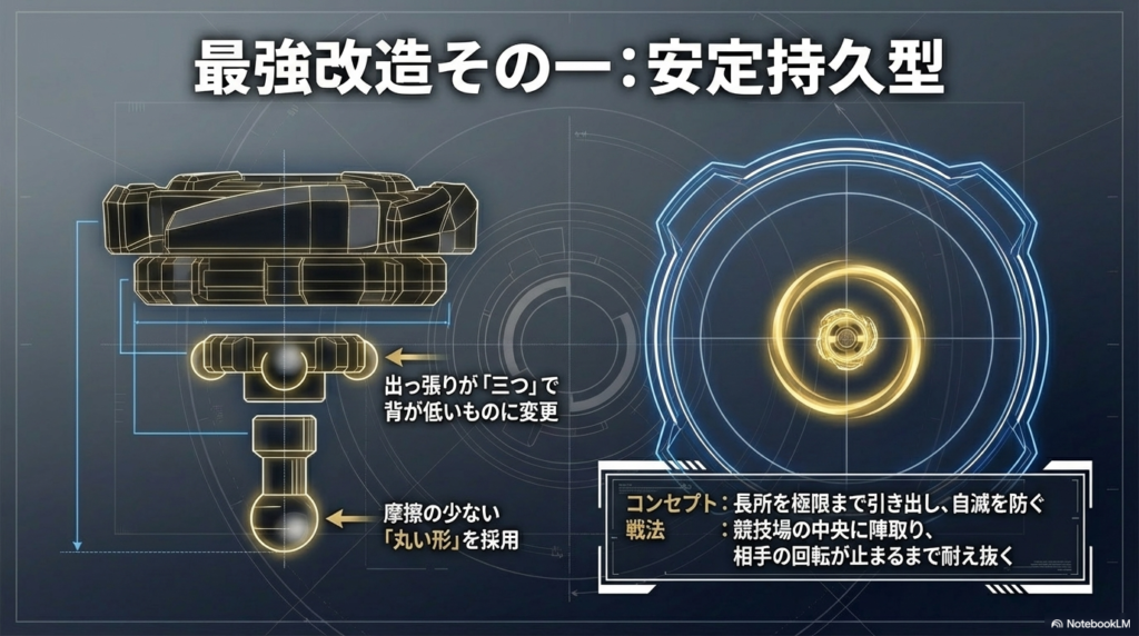 出っ張りが3つの低いパーツと丸い形の軸を組み合わせ、競技場の中央で相手の回転が止まるまで耐え抜く持久戦のスタイルを解説しています。