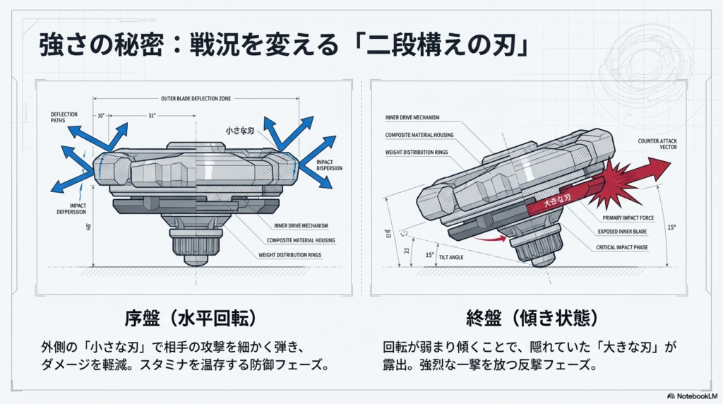 二段構えの刃の仕組み コマの回転が弱まって傾くことで、隠れていた大きな刃が露出し、強力な反撃を繰り出す仕組みを図解しています。