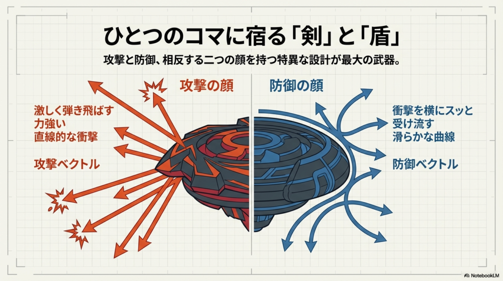 ユニコーンスティングの攻撃と防御の形 ユニコーンスティングのコマが持つ、激しく弾き飛ばす攻撃の顔と、衝撃を受け流す防御の顔の二つの特徴を解説した図解です。