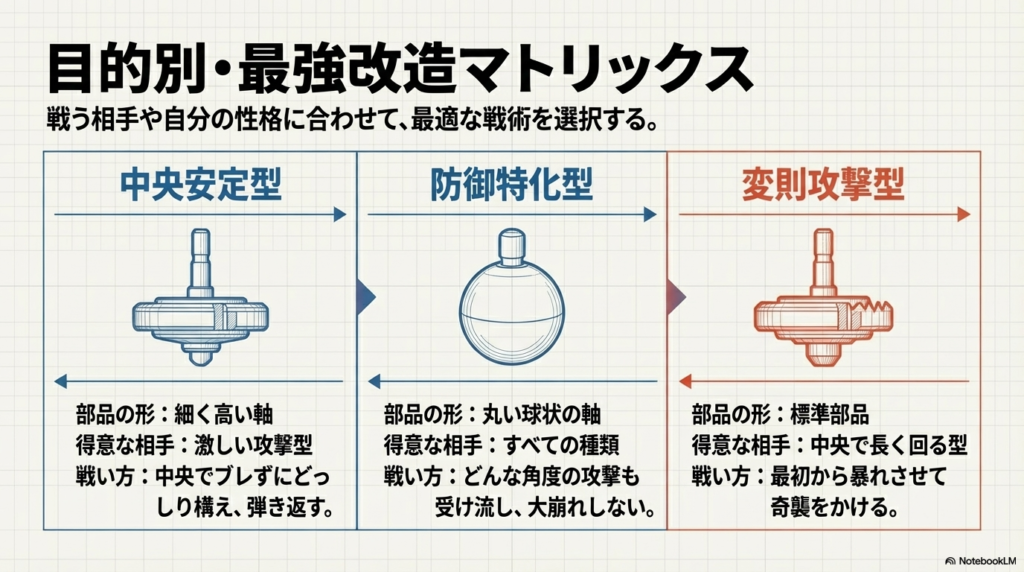 目的別の最強改造マトリックス 戦う相手や自分の性格に合わせて選べる、中央安定型、防御特化型、変則攻撃型の3つの改造の特長をまとめた表です。