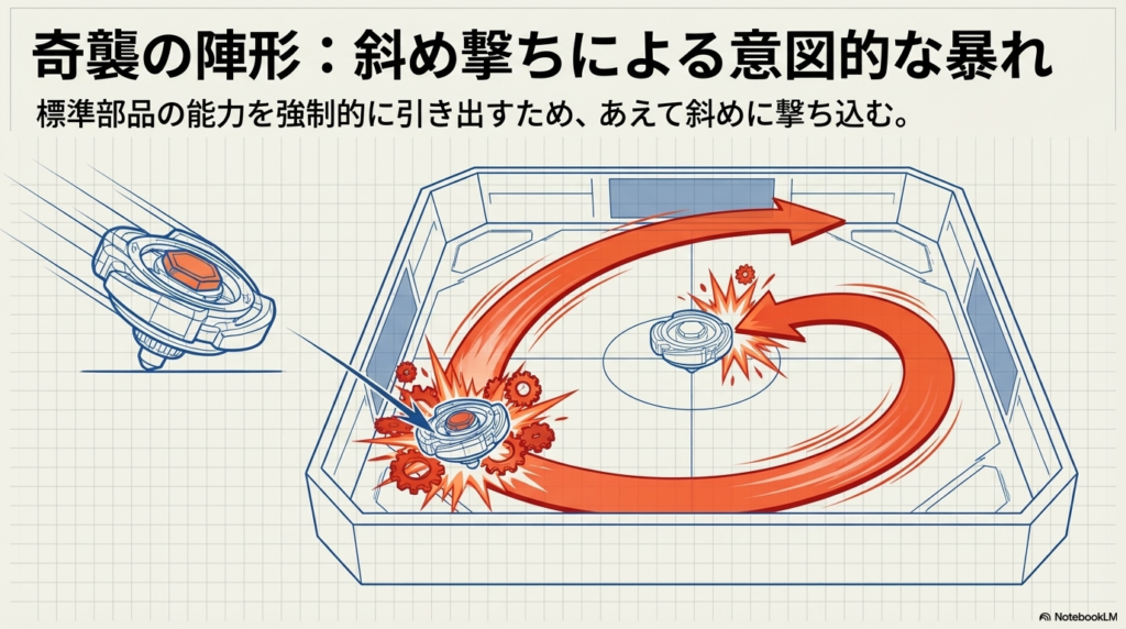 斜め撃ちによる奇襲の動き 買ったままの標準部品の能力を無理やり引き出すために、スタジアムに向かって斜めにコマを撃ち込み、意図的に暴れさせる戦術を図解したものです。