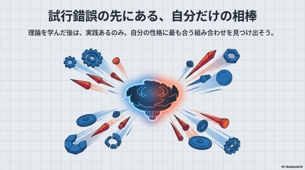 自分だけの相棒を見つける試行錯誤 色々な部品を組み合わせて実際の対戦を重ね、自分の性格や好みの戦い方に最も合うコマを見つけ出そうというメッセージを伝えるイメージ図です。