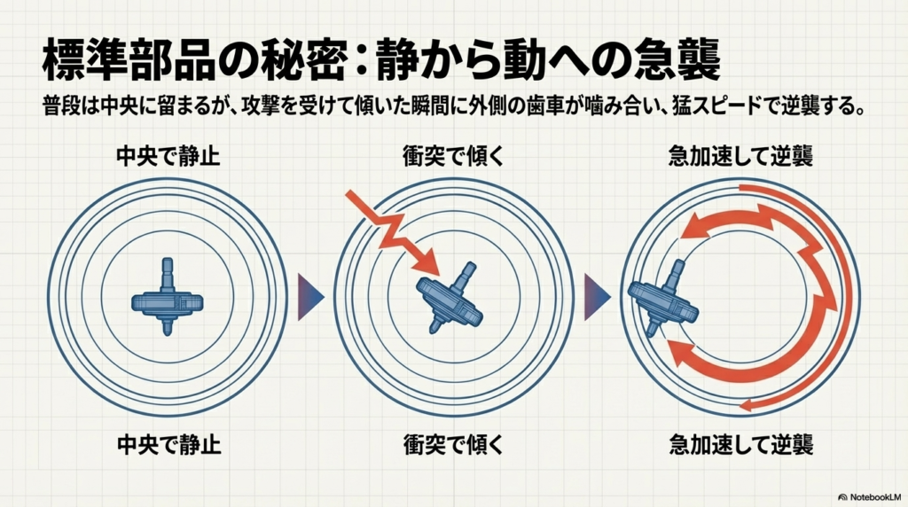 標準部品の動きの変化 普段はスタジアムの中央で静かに回っているコマが、相手とぶつかって傾いた瞬間に外側の歯車が噛み合い、急加速して逆襲する動きを解説した図です。