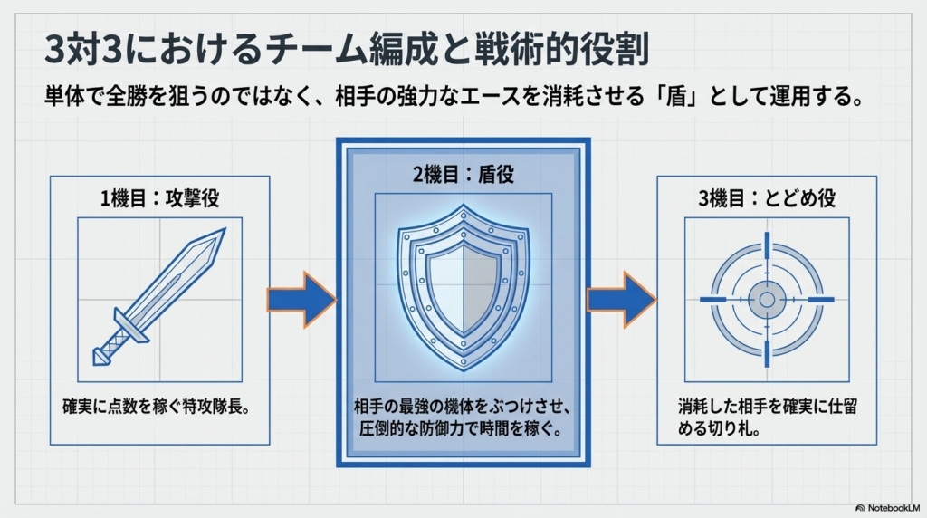 3つのコマを使ったチーム編成と役割 3つのコマを順番に出して戦う際に、1番目に攻撃役、2番目に時間稼ぎをする盾役、3番目にとどめ役と、それぞれの役割を分けて戦うチーム編成の例を示した図です。