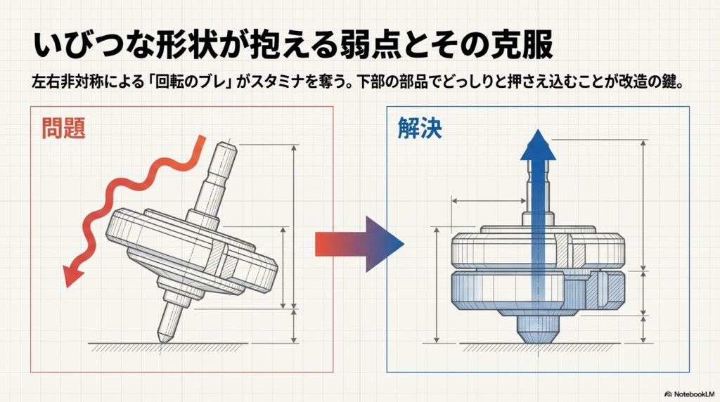 回転のブレを克服する構造 左右の形が違うことで生まれる「回転のブレ」という弱点を、下部の部品でどっしりと押さえ込んで解決する仕組みを示した図です。