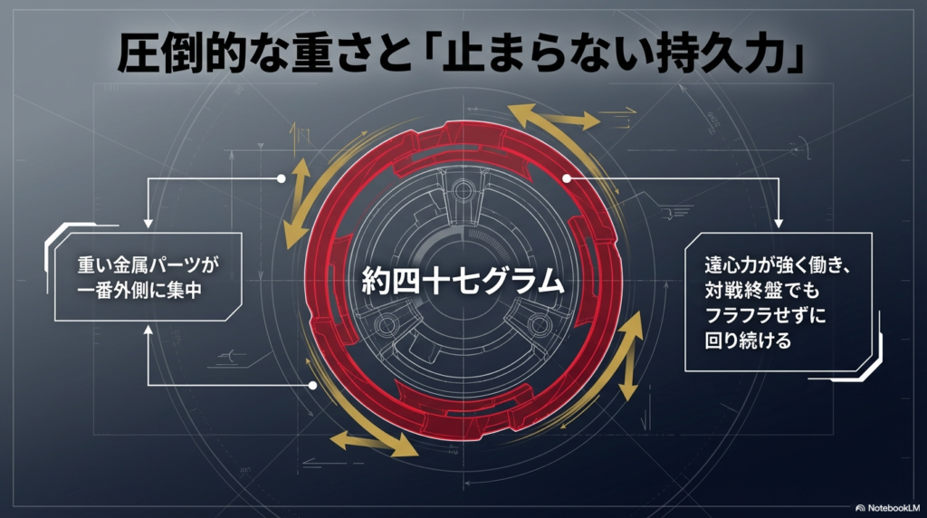約47グラムの重い金属パーツが一番外側に集中していることで強い遠心力が生まれ、対戦の終盤でもふらつかずに回り続ける仕組みを図解しています。