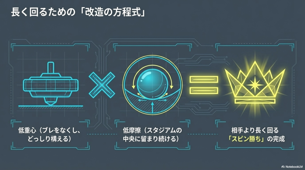 長く回るための「改造の方程式」 低重心でブレをなくすパーツと、低摩擦で中央に留まるパーツを組み合わせることで「スピン勝ち」を狙うための方程式を示したスライドです。