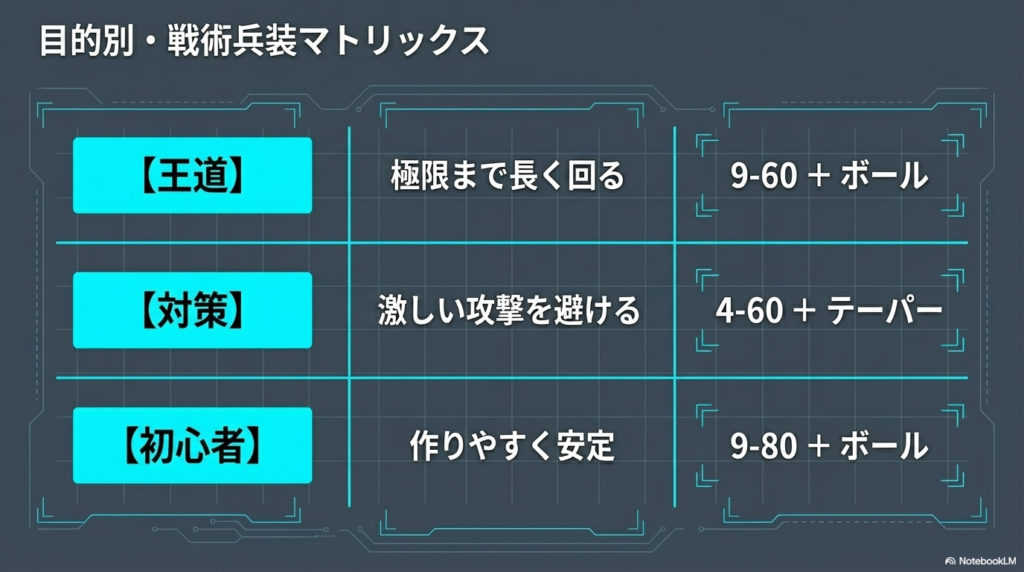 目的別・戦術兵装マトリックス 王道カスタム、攻撃対策カスタム、初心者向けカスタムの3つの組み合わせを一覧で比較した表形式の画像です。