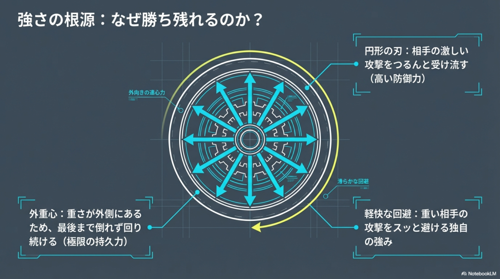 ウィザードアローが勝ち残れる3つの理由 ウィザードアローの強みである、相手の攻撃を受け流す円形の刃、倒れにくい外重心、そして重い相手を避ける回避能力を解説した図解です。