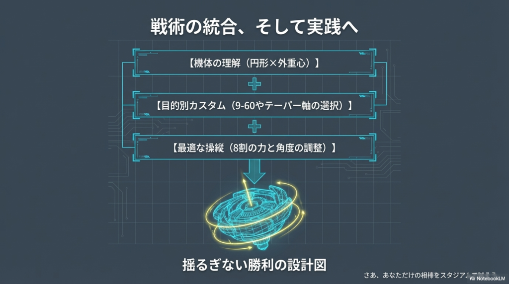ウィザードアロー勝利への3ステップ 機体の理解、カスタムの選択、最適な操縦の3つを統合することで、揺るぎない勝利を手にするための設計図のまとめ画像です。