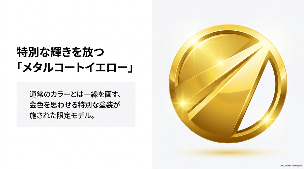 通常カラーとは異なり、金色を思わせる特別な塗装が施されたメタルコートイエローの特徴を紹介するイメージ図